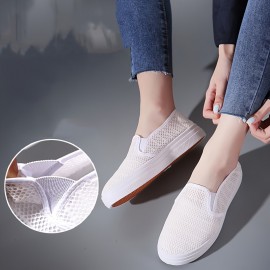 女性用軽量通気性メッシュスリッポンスニーカー - 快適なロートップホワイトシューズ、カジュアルウェア用ラバーソール、手洗いまたはドライクリーニング可能 女性用軽量通気性メッシュスリッポンスニーカー - 快適なロートップホワイトシューズ、カジュアルウェア用ラバーソール、手洗いまたはドライクリーニング可能
