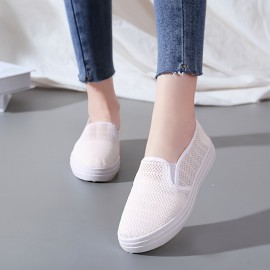 女性用軽量通気性メッシュスリッポンスニーカー - 快適なロートップホワイトシューズ、カジュアルウェア用ラバーソール、手洗いまたはドライクリーニング可能 女性用軽量通気性メッシュスリッポンスニーカー - 快適なロートップホワイトシューズ、カジュアルウェア用ラバーソール、手洗いまたはドライクリーニング可能