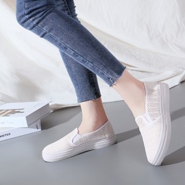 女性用軽量通気性メッシュスリッポンスニーカー - 快適なロートップホワイトシューズ、カジュアルウェア用ラバーソール、手洗いまたはドライクリーニング可能 女性用軽量通気性メッシュスリッポンスニーカー - 快適なロートップホワイトシューズ、カジュアルウェア用ラバーソール、手洗いまたはドライクリーニング可能