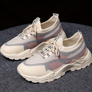女性用通気性メッシュスニーカー - カジュアルレースアップダッドシューズ、ロートップアスレチック＆コンフォートフットウェア、春夏用ラバーソール、通気性スニーカー | トレンディダッドシューズ | メッシュファブリックアッパー