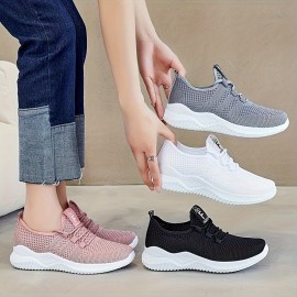 1足の女性用通気性メッシュランニングシューズ - ソリッドカラーのロートップスポーツスニーカー、フェイクソール付き、オールシーズン用のレースアップアスレチックフットウェア、シンプルなトウデザイン、フィットネスとトレーニングに最適な軽量タイプ 1足の女性用通気性メッシュランニングシューズ - ソリッドカラーのロートップスポーツスニーカー、フェイクソール付き、オールシーズン用のレースアップアスレチックフットウェア、シンプルなトウデザイン、フィットネスとトレーニングに最適な軽量タイプ