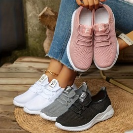 1足の女性用通気性メッシュランニングシューズ - ソリッドカラーのロートップスポーツスニーカー、フェイクソール付き、オールシーズン用のレースアップアスレチックフットウェア、シンプルなトウデザイン、フィットネスとトレーニングに最適な軽量タイプ 1足の女性用通気性メッシュランニングシューズ - ソリッドカラーのロートップスポーツスニーカー、フェイクソール付き、オールシーズン用のレースアップアスレチックフットウェア、シンプルなトウデザイン、フィットネスとトレーニングに最適な軽量タイプ