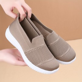 女性用カジュアルスリッポンスニーカー - 軽量で通気性のあるメッシュ素材のランニングシューズ、無地、四季対応