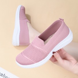 女性用カジュアルスリッポンスニーカー - 軽量で通気性のあるメッシュ素材のランニングシューズ、無地、四季対応