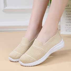 女性用カジュアルスリッポンスニーカー - 軽量で通気性のあるメッシュ素材のランニングシューズ、無地、四季対応