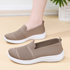 女性用カジュアルスリッポンスニーカー - 軽量で通気性のあるメッシュ素材のランニングシューズ、無地、四季対応