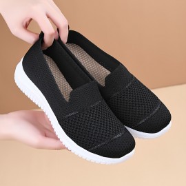 女性用カジュアルスリッポンスニーカー - 軽量で通気性のあるメッシュ素材のランニングシューズ、無地、四季対応