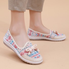 女性用スリッポン通気性サマーカジュアルスニーカー - エスニックフローラルプリントラウンドトゥフラット、ボウアクセント付き、軽量ファブリックアップパート＆ラバーソールで歩行・ビーチ・ピクニックに最適な日常快適履き心地 | フローラルカジュアルスニーカー | 装飾的なボウアクセント、レディーススニーカー