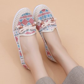 女性用スリッポン通気性サマーカジュアルスニーカー - エスニックフローラルプリントラウンドトゥフラット、ボウアクセント付き、軽量ファブリックアップパート＆ラバーソールで歩行・ビーチ・ピクニックに最適な日常快適履き心地 | フローラルカジュアルスニーカー | 装飾的なボウアクセント、レディーススニーカー