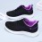 女性用通気性ニットカジュアルスニーカー - 軽量ファブリックアッパー、スポーツインスパイアPVCソールで一日中快適、レースアップデザイン、ブラックにピンク＆パープルのアクセント、レディーススニーカー