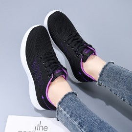 女性用通気性ニットカジュアルスニーカー - 軽量ファブリックアッパー、スポーツインスパイアPVCソールで一日中快適、レースアップデザイン、ブラックにピンク&パープルのアクセント、レディーススニーカー 女性用通気性ニットカジュアルスニーカー - 軽量ファブリックアッパー、スポーツインスパイアPVCソールで一日中快適、レースアップデザイン、ブラックにピンク&パープルのアクセント、レディーススニーカー