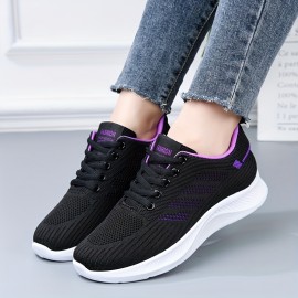 女性用通気性ニットカジュアルスニーカー - 軽量ファブリックアッパー、スポーツインスパイアPVCソールで一日中快適、レースアップデザイン、ブラックにピンク&パープルのアクセント、レディーススニーカー 女性用通気性ニットカジュアルスニーカー - 軽量ファブリックアッパー、スポーツインスパイアPVCソールで一日中快適、レースアップデザイン、ブラックにピンク&パープルのアクセント、レディーススニーカー