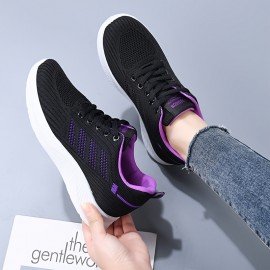 女性用通気性ニットカジュアルスニーカー - 軽量ファブリックアッパー、スポーツインスパイアPVCソールで一日中快適、レースアップデザイン、ブラックにピンク&パープルのアクセント、レディーススニーカー 女性用通気性ニットカジュアルスニーカー - 軽量ファブリックアッパー、スポーツインスパイアPVCソールで一日中快適、レースアップデザイン、ブラックにピンク&パープルのアクセント、レディーススニーカー