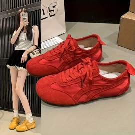 レディースレトロハニーガールスタイルスニーカー、通気性のあるレースアップカジュアルシューズ、ゴムソール、ファブリックインナーやインソール、夏用ロートッププレーントゥデザイン、スポーツとファッションに適したデザイン