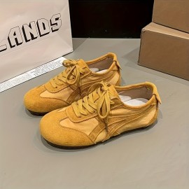 レディースレトロハニーガールスタイルスニーカー、通気性のあるレースアップカジュアルシューズ、ゴムソール、ファブリックインナーやインソール、夏用ロートッププレーントゥデザイン、スポーツとファッションに適したデザイン