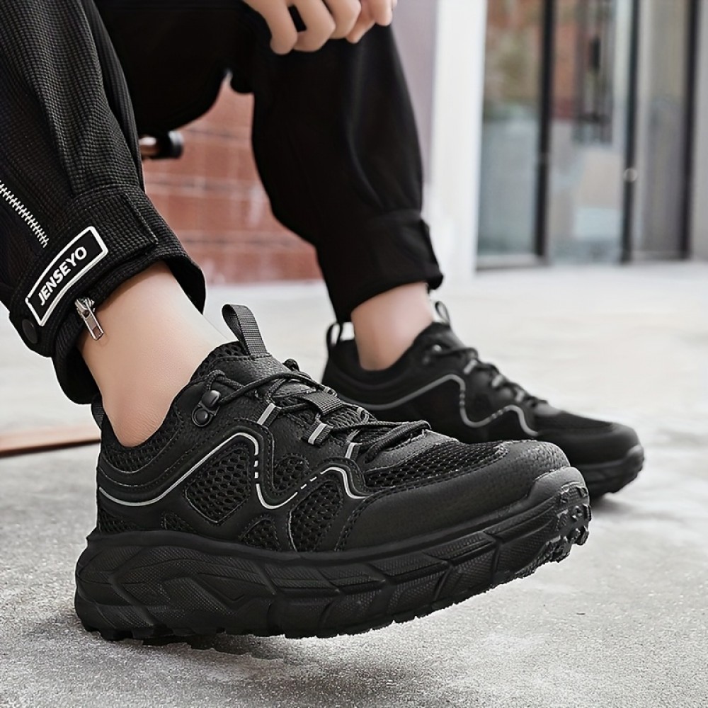 メンズ通気性メッシュカジュアルスニーカー - 軽量EVAクッション付き、レースアップロートップデザインでハイキング・ランニング＆日常着用に最適 春夏秋シューズ（EU 39-48）、アウトドアハイキングシューズ｜スタイリッシュなツートンカラーデザイン｜柔軟性のある履物、ハイキングアクセサリー