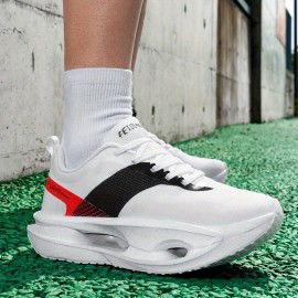 メンズ高品質カーボンファイバーグラフィックランニングシューズ - ホワイト＆ブラックにレッドアクセント、通気性PUアッパー＆ラバーソール、マイドトップレースアップデザイン ジム・ジョギング・カジュアルストリートウェア用 春夏秋必須ジムシューズ