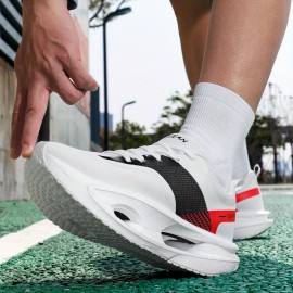 メンズ高品質カーボンファイバーグラフィックランニングシューズ - ホワイト＆ブラックにレッドアクセント、通気性PUアッパー＆ラバーソール、マイドトップレースアップデザイン ジム・ジョギング・カジュアルストリートウェア用 春夏秋必須ジムシューズ