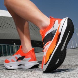 メンズ高品質カーボンファイバーグラフィックランニングシューズ - ホワイト＆ブラックにレッドアクセント、通気性PUアッパー＆ラバーソール、マイドトップレースアップデザイン ジム・ジョギング・カジュアルストリートウェア用 春夏秋必須ジムシューズ