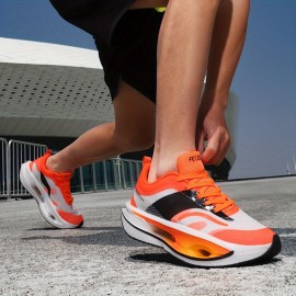 メンズ高品質カーボンファイバーグラフィックランニングシューズ - ホワイト＆ブラックにレッドアクセント、通気性PUアッパー＆ラバーソール、マイドトップレースアップデザイン ジム・ジョギング・カジュアルストリートウェア用 春夏秋必須ジムシューズ