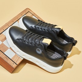 メンズファッションフロント厚底スニーカー - ブラック合成マイクロファイバー、ホワイトEVAクッションドザイン、レースアップラウンドトゥ、カジュアル&アウトドアウェア、オールシーズンシューズ | スリーカーデザイン | 耐久性厚底スニーカー