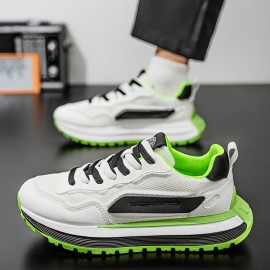 メンズレトロカジュアルスニーカー - 通気性メッシュ＆PUアッパー、滑り止めラバーソール、ホワイト/グリーンアクセント - ラウンドタップレースアップシューズ、ランニング・ジム・日常着用、耐久性のあるラバーソール