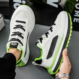 メンズレトロカジュアルスニーカー - 通気性メッシュ＆PUアッパー、滑り止めラバーソール、ホワイト/グリーンアクセント - ラウンドタップレースアップシューズ、ランニング・ジム・日常着用、耐久性のあるラバーソール