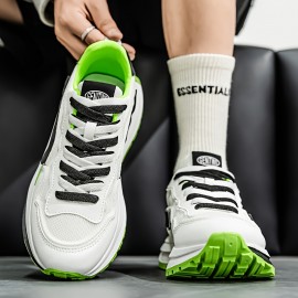 メンズレトロカジュアルスニーカー - 通気性メッシュ＆PUアッパー、滑り止めラバーソール、ホワイト/グリーンアクセント - ラウンドタップレースアップシューズ、ランニング・ジム・日常着用、耐久性のあるラバーソール