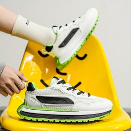 メンズレトロカジュアルスニーカー - 通気性メッシュ＆PUアッパー、滑り止めラバーソール、ホワイト/グリーンアクセント - ラウンドタップレースアップシューズ、ランニング・ジム・日常着用、耐久性のあるラバーソール