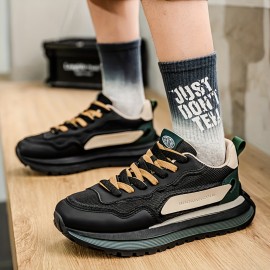 メンズレトロカジュアルスニーカー - 通気性メッシュ＆PUアッパー、滑り止めラバーソール、ホワイト/グリーンアクセント - ラウンドタップレースアップシューズ、ランニング・ジム・日常着用、耐久性のあるラバーソール