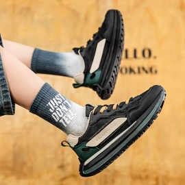 メンズレトロカジュアルスニーカー - 通気性メッシュ＆PUアッパー、滑り止めラバーソール、ホワイト/グリーンアクセント - ラウンドタップレースアップシューズ、ランニング・ジム・日常着用、耐久性のあるラバーソール