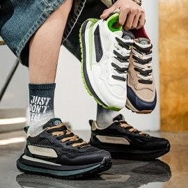 メンズレトロカジュアルスニーカー - 通気性メッシュ＆PUアッパー、滑り止めラバーソール、ホワイト/グリーンアクセント - ラウンドタップレースアップシューズ、ランニング・ジム・日常着用、耐久性のあるラバーソール