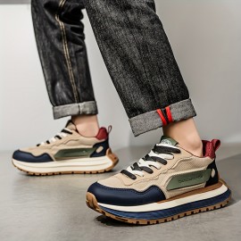 メンズレトロカジュアルスニーカー - 通気性メッシュ＆PUアッパー、滑り止めラバーソール、ホワイト/グリーンアクセント - ラウンドタップレースアップシューズ、ランニング・ジム・日常着用、耐久性のあるラバーソール