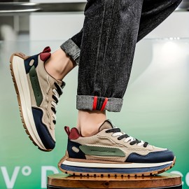 メンズレトロカジュアルスニーカー - 通気性メッシュ＆PUアッパー、滑り止めラバーソール、ホワイト/グリーンアクセント - ラウンドタップレースアップシューズ、ランニング・ジム・日常着用、耐久性のあるラバーソール