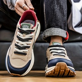 メンズレトロカジュアルスニーカー - 通気性メッシュ＆PUアッパー、滑り止めラバーソール、ホワイト/グリーンアクセント - ラウンドタップレースアップシューズ、ランニング・ジム・日常着用、耐久性のあるラバーソール