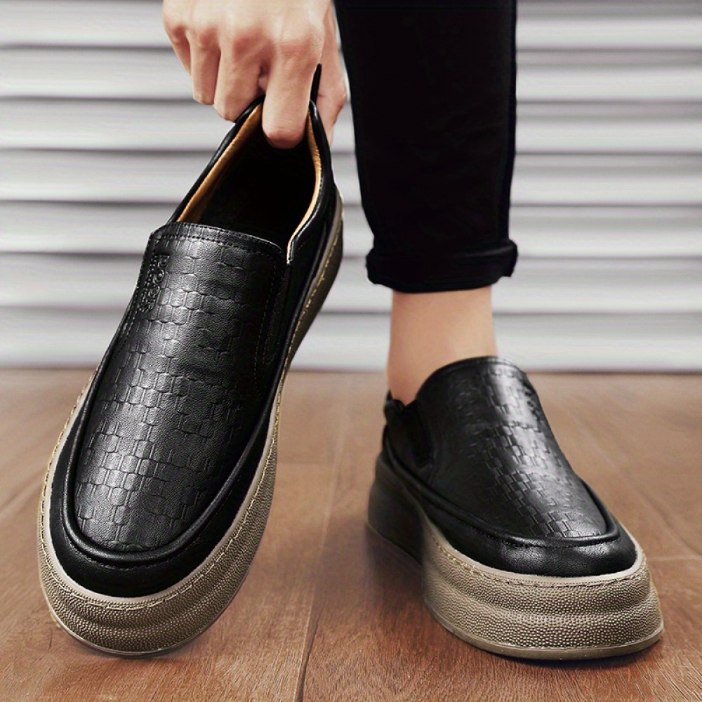 メンズプラットフォームスニーカー スリッポンカジュアルシューズ - 厚手滑り止めラバーソール、クッション性EVAアッパー＆PUライニング、ストリートウェア用ロータップデザイン、快適なウォーキング＆日常履き、快適ウォーキングシューズ | スリッポンスニーカー | PU裏地