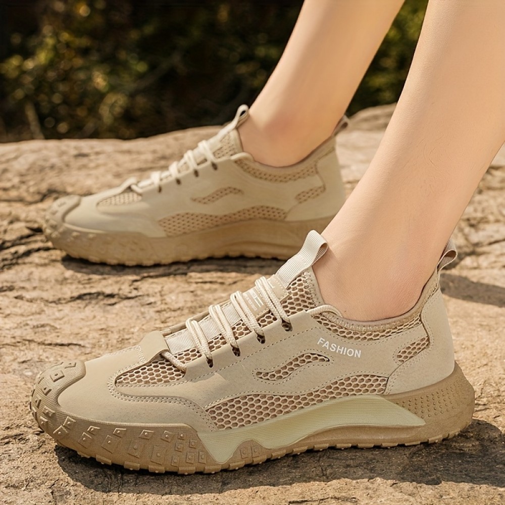 メンズ アウトドア カジュアル ハイキングシューズ - 春夏用 通気性メッシュ ロートップ スニーカー 耐久性ラバーソール付き、ベージュ トレッキングシューズ スポーツ＆都市冒険用 夏の履物 | スポーティルック | 快適フィット