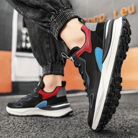 メンズレトロカジュアルスニーカー - ロートップ レースアップPUアッパー&ラバーソール、ブラックに赤/青のアクセント、オールシーズン対応ストリートウェアシューズ メンズレトロカジュアルスニーカー - ロートップ レースアップPUアッパー&ラバーソール、ブラックに赤/青のアクセント、オールシーズン対応ストリートウェアシューズ