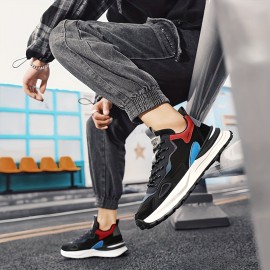 メンズレトロカジュアルスニーカー - ロートップ レースアップPUアッパー&ラバーソール、ブラックに赤/青のアクセント、オールシーズン対応ストリートウェアシューズ メンズレトロカジュアルスニーカー - ロートップ レースアップPUアッパー&ラバーソール、ブラックに赤/青のアクセント、オールシーズン対応ストリートウェアシューズ