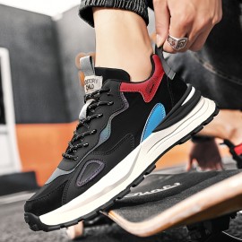 メンズレトロカジュアルスニーカー - ロートップ レースアップPUアッパー&ラバーソール、ブラックに赤/青のアクセント、オールシーズン対応ストリートウェアシューズ メンズレトロカジュアルスニーカー - ロートップ レースアップPUアッパー&ラバーソール、ブラックに赤/青のアクセント、オールシーズン対応ストリートウェアシューズ