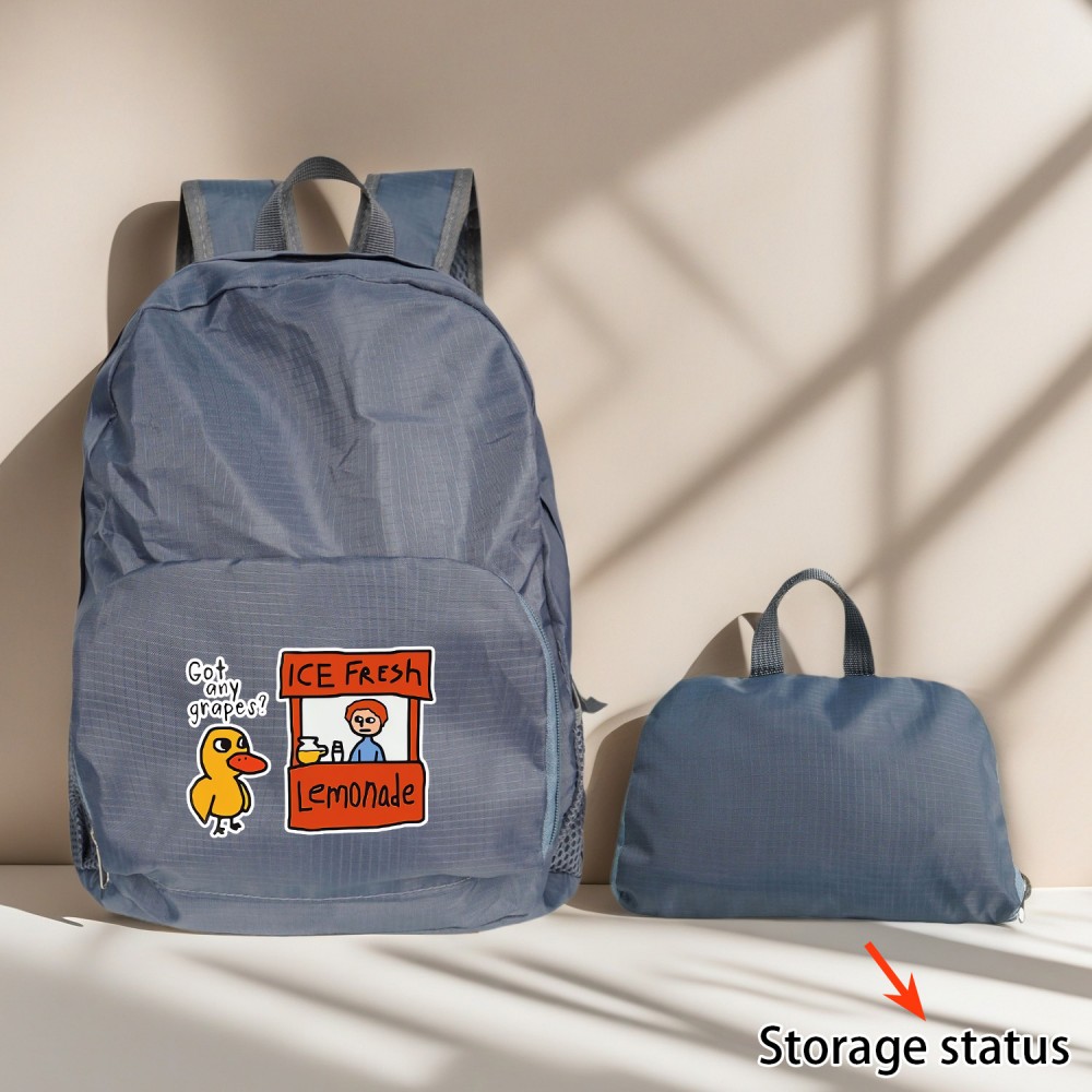 「アイスフレッシュレモネード」ダック＆レモンプリント付き軽量折りたたみバックパック1個 - ブルー ポリエステル トラベル＆キャンプバッグ、調節可能なストラップ、ジッパークロージャー、洗濯機可、アウトドア用バッグ | スポーティースタイル | 軽量バッグ、トラベールバックパック
