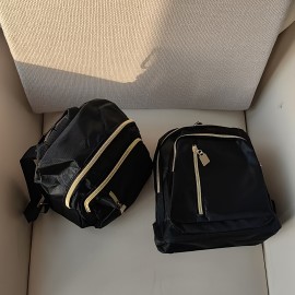 女性用ナイロンバックパック - シックなブラックに黄色いジッパーアクセント、複数のコンパートメント、調節可能なショルダーストラップ、カジュアルなプレッピスタイル、学校、大学、またはカジュアルな使用に適したデイパック、大学バックパック|カジュアルなプレッピスタイル|耐久性のあるバックパック