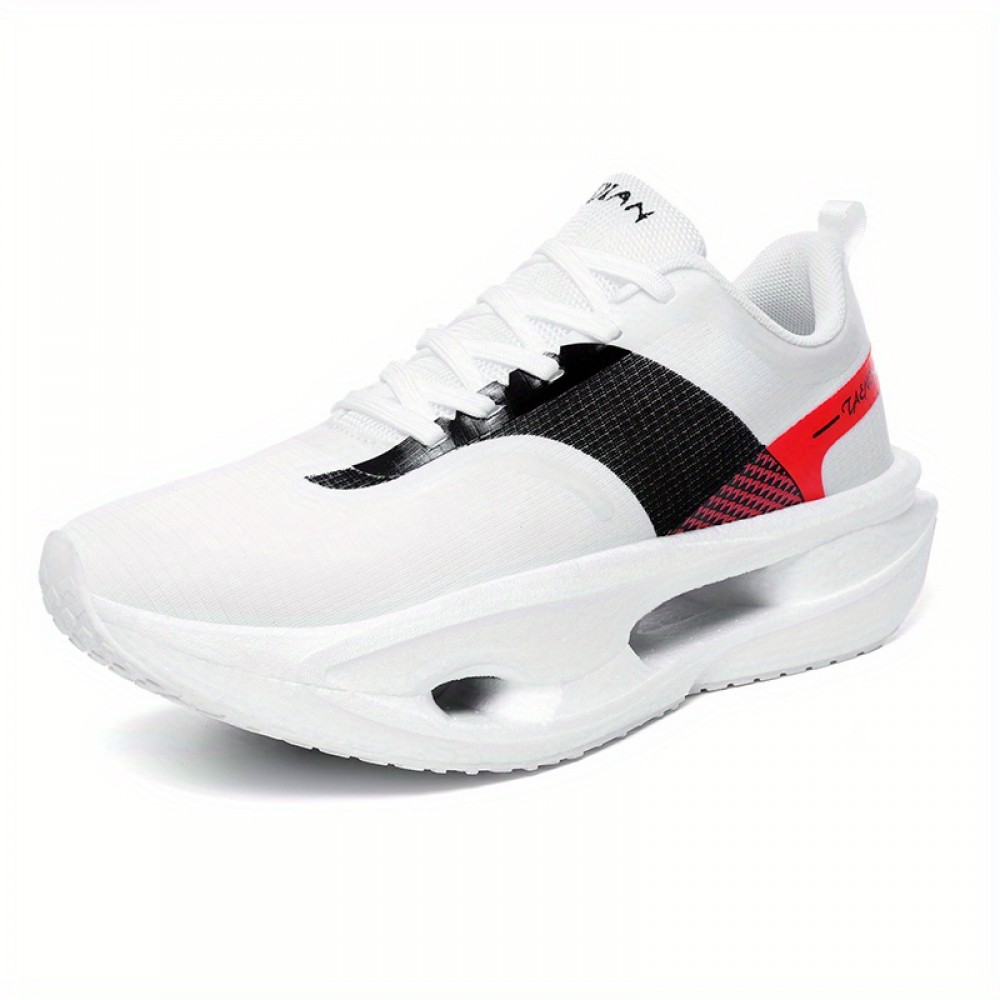 メンズ高品質カーボンファイバーグラフィックランニングシューズ - ホワイト＆ブラックにレッドアクセント、通気性PUアッパー＆ラバーソール、マイドトップレースアップデザイン ジム・ジョギング・カジュアルストリートウェア用 春夏秋必須ジムシューズ