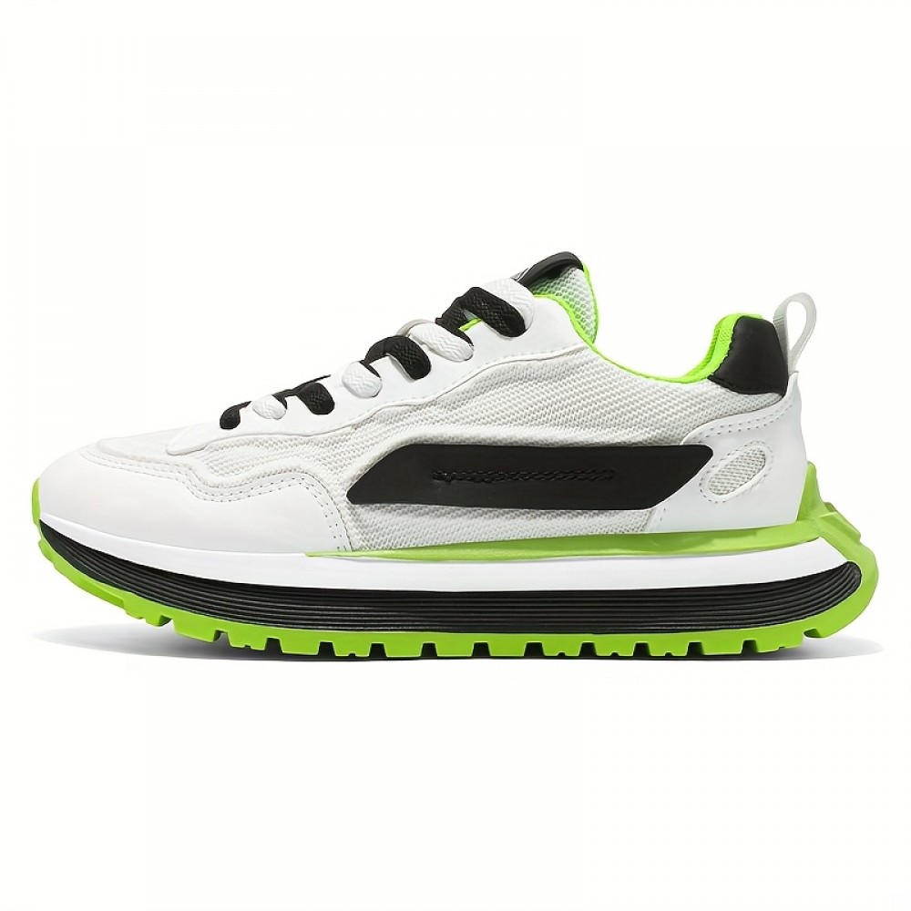 メンズレトロカジュアルスニーカー - 通気性メッシュ＆PUアッパー、滑り止めラバーソール、ホワイト/グリーンアクセント - ラウンドタップレースアップシューズ、ランニング・ジム・日常着用、耐久性のあるラバーソール