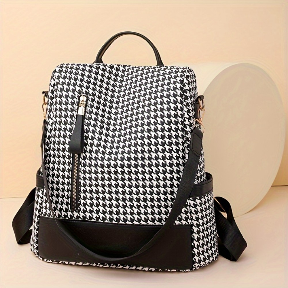 女性用ハウストゥースパターのバックパック - 大容量、ジッパー付き、カジュアルな旅行や日常の使用、ソフトシェル合成人工皮革、ユーティリティポケット、仕事、勉強、ショッピングに最適、日常のバックパック|ハウストゥースバックパック|ジッパーバックパック